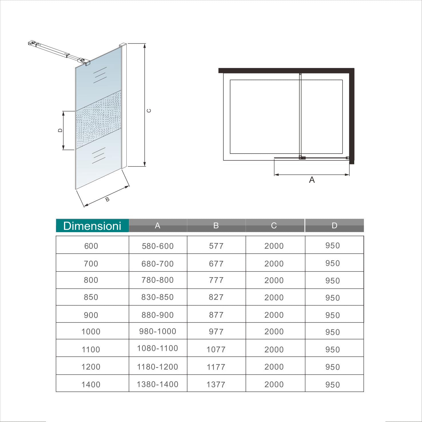 Aica Parete Per Doccia 200 cm Vetro Temperato Anti-frantumi Anticalcare 8 mm Striscia Satinata/Opaca Barra Stabilizzatrice Telaio Nero Opaco