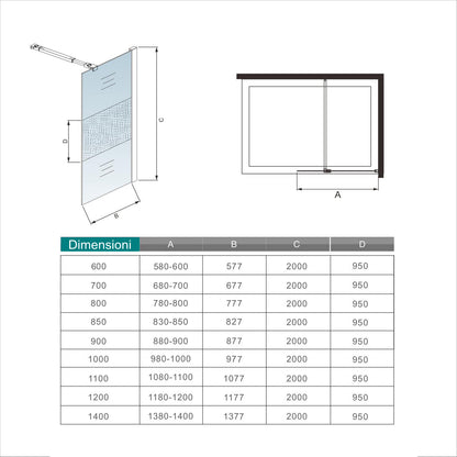 Aica Parete Per Doccia Walk In H. 200cm Vetro Temperato Anti-frantumi Anticalcare 8mm Striscia Opaca Barra Stabilizzatrice 140 cm