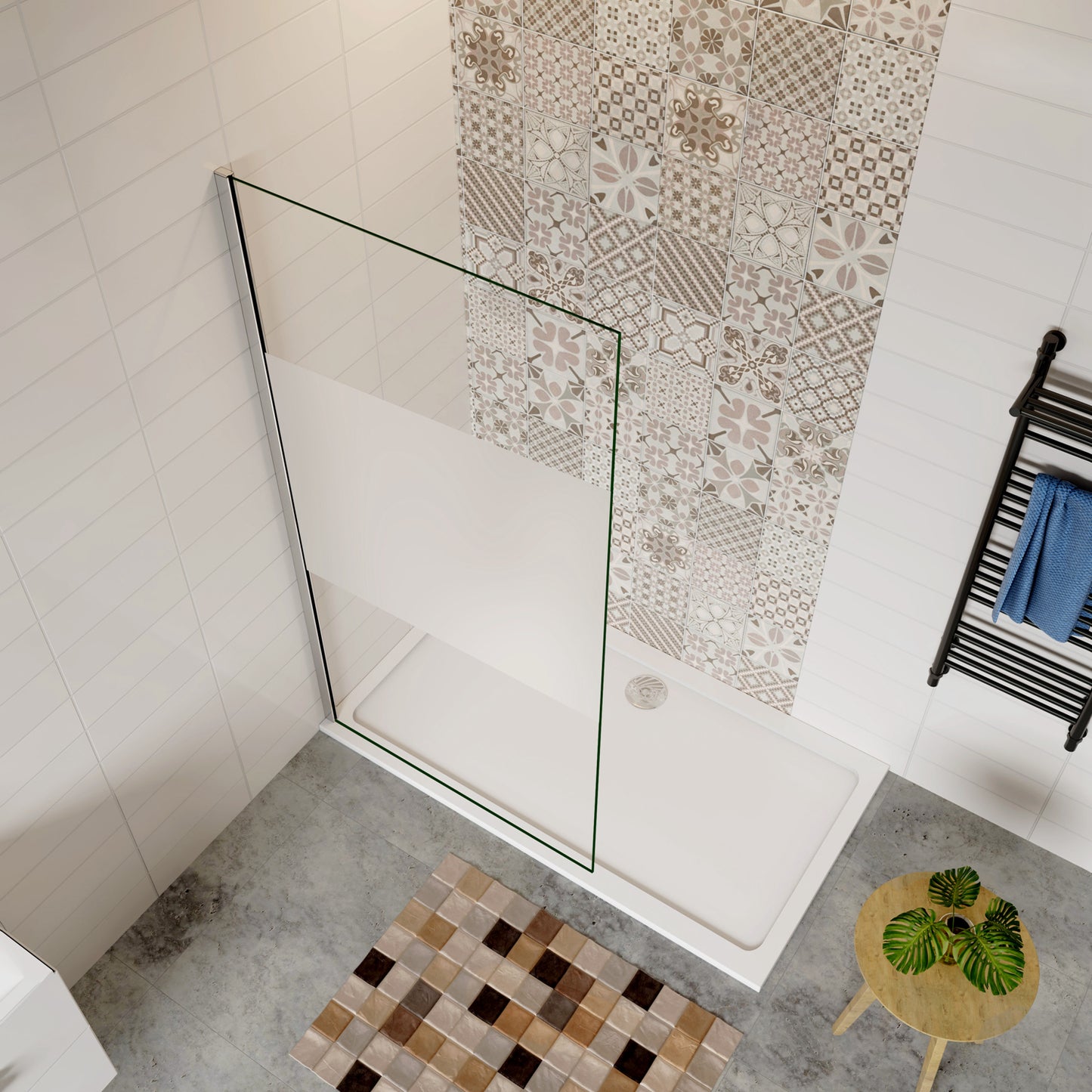 Aica Walk In Parete Per Doccia Fissa in Vetro Temperato 8 mm Anticalcare Fascia Opaca Centrale ANTI FRANTUMI Telaio Cromato Lucido Varie Misure