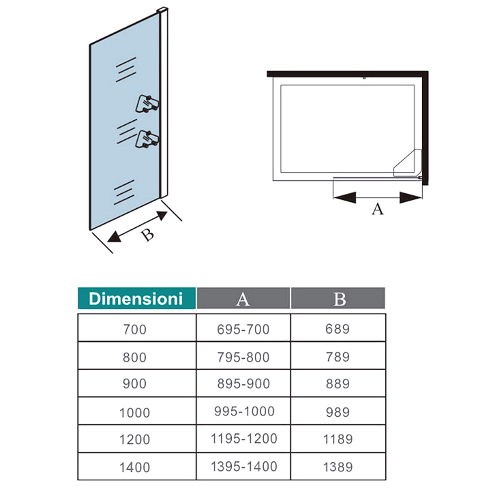 Box Doccia Walk In Parete Fissa Vetro Temperato da 8mm Anticalcare Due Ripiani Mensole Cromato Lucido Barra Stabilizzatrice da 90/140 cm Tagliabile