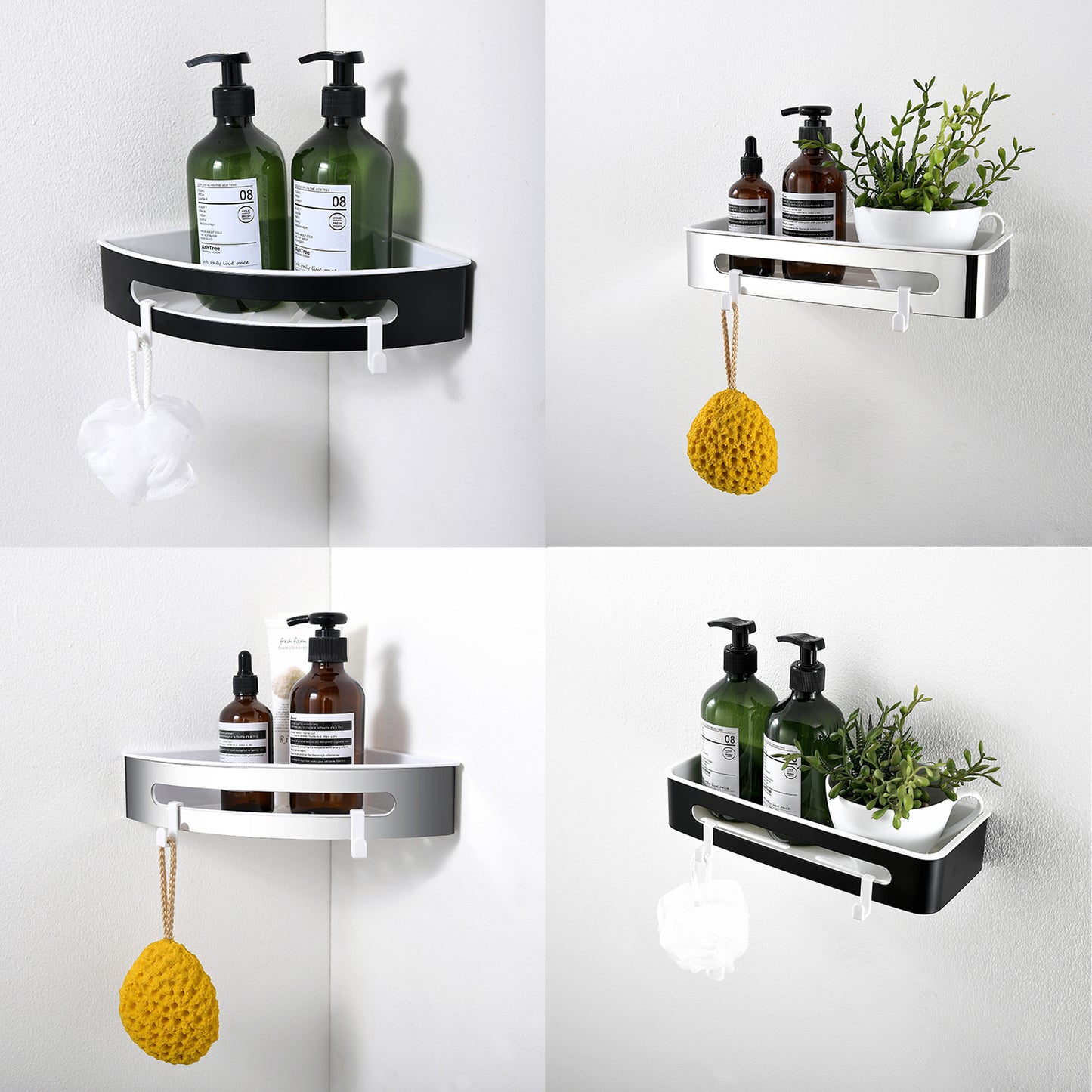 AICA Mensola Doccia Rettangolare Organizzatore Senza Chiodi SUS 304 Acciaio Inox ABS Cesto Antiruggine per Bagno Nero Opaca