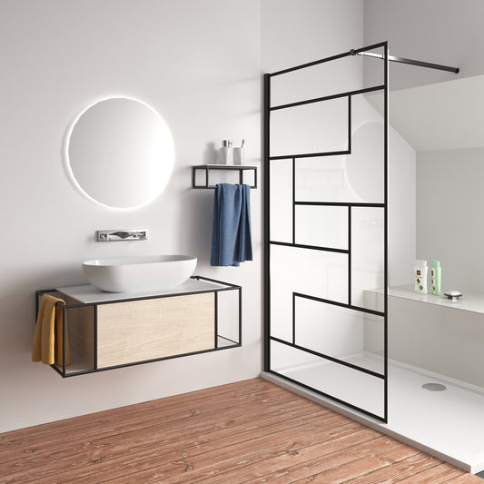 Aica Parete Per Doccia 200cm Walk-In Vetro Temperato Trasparente Anticalcare 8 mm Serigrafato Nero con Riquadri Barra Stabilizzatrice Nero Opaco 100x200 Tipo 1 -Lunga 73-120 cm Regolabile