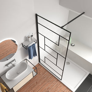 Aica Parete Per Doccia 200cm Walk-In Vetro Temperato Trasparente Anticalcare 8 mm Serigrafato Nero con Riquadri Barra Stabilizzatrice Nero Opaco