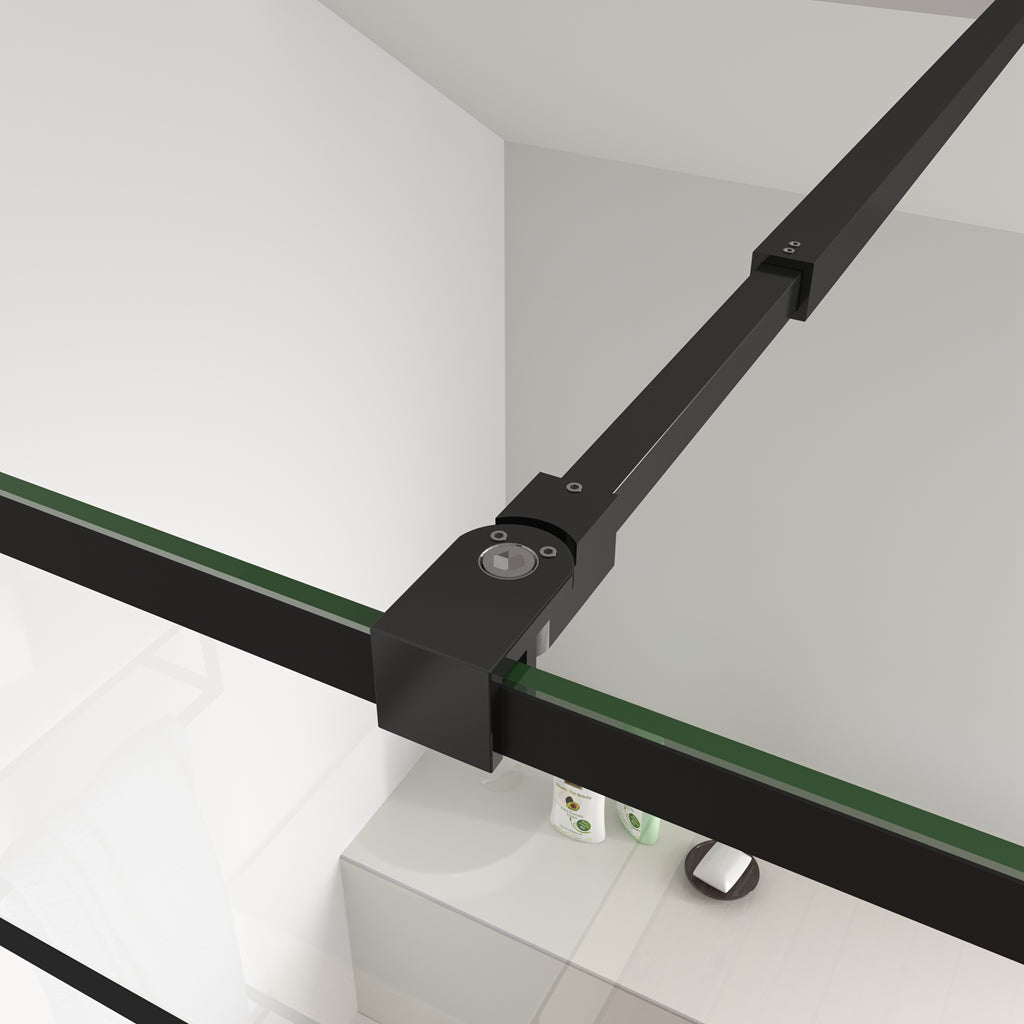 Aica Parete Per Doccia 200cm Walk-In Vetro Temperato Trasparente Anticalcare 8 mm Serigrafato Nero con Riquadri Barra Stabilizzatrice Nero Opaco