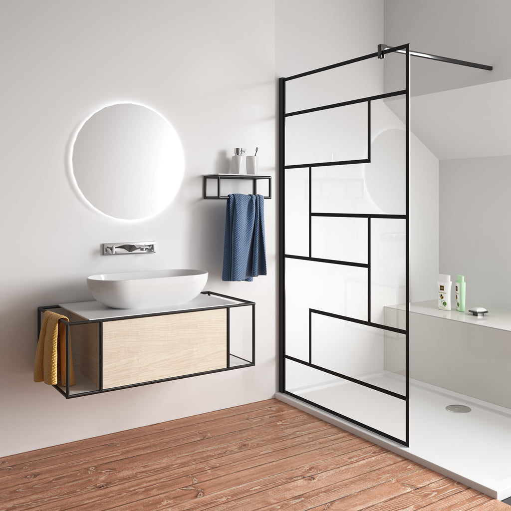 Aica Parete Per Doccia 200cm Walk-In Vetro Temperato Trasparente Anticalcare 8 mm Serigrafato Nero con Riquadri Barra Stabilizzatrice Nero Opaco 120x200 Tipo 2 - Lunga 90 cm Tagliabile
