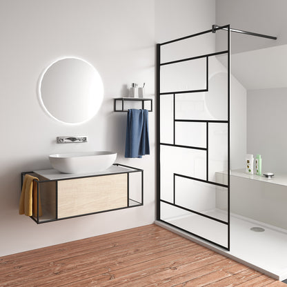 Aica Parete Per Doccia 200cm Walk-In Vetro Temperato Trasparente Anticalcare 8 mm Serigrafato Nero con Riquadri Barra Stabilizzatrice Nero Opaco 120x200 Tipo 2 - Lunga 90 cm Tagliabile