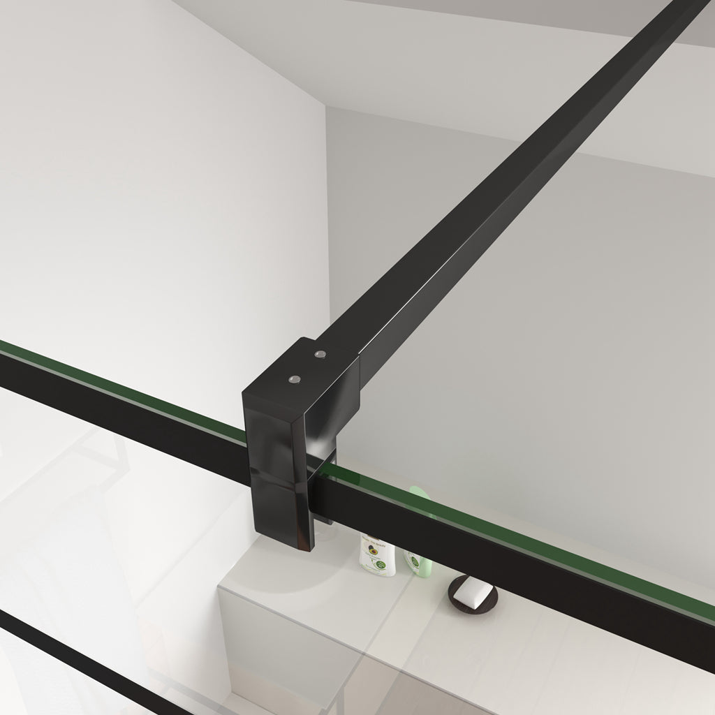 Aica Parete Per Doccia 200cm Walk-In Vetro Temperato Trasparente Anticalcare 8 mm Serigrafato Nero con Riquadri Barra Stabilizzatrice Nero Opaco