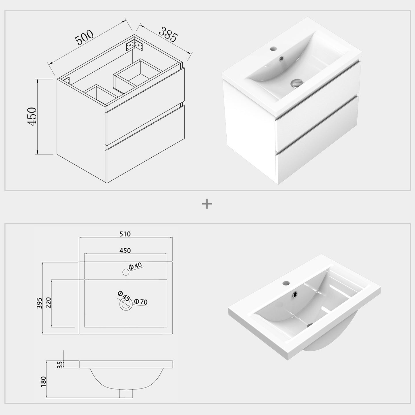 Aica sospeso salvaspazi Mobile Bagno , con lavabo in Ceramica e 2 cassetti 500*385*450mm Bianca