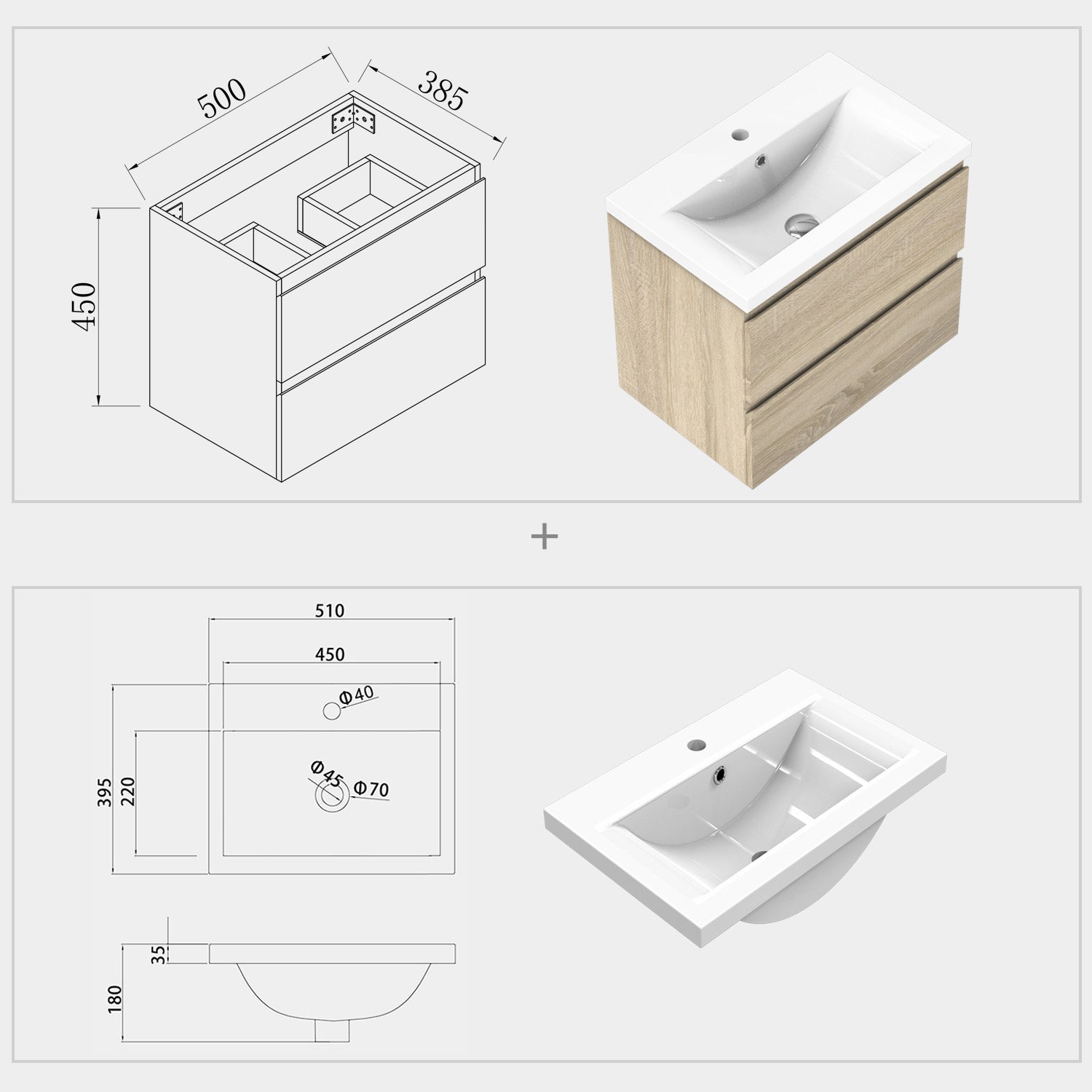 Aica sospeso salvaspazi Mobile Bagno , con lavabo in Ceramica e 2 cassetti - Consegna gratuita