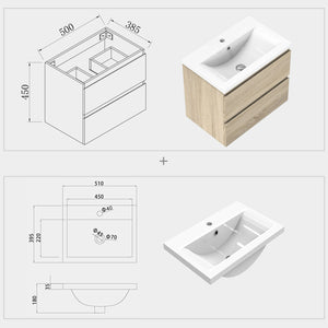 Aica sospeso salvaspazi Mobile Bagno , con lavabo in Ceramica e 2 cassetti