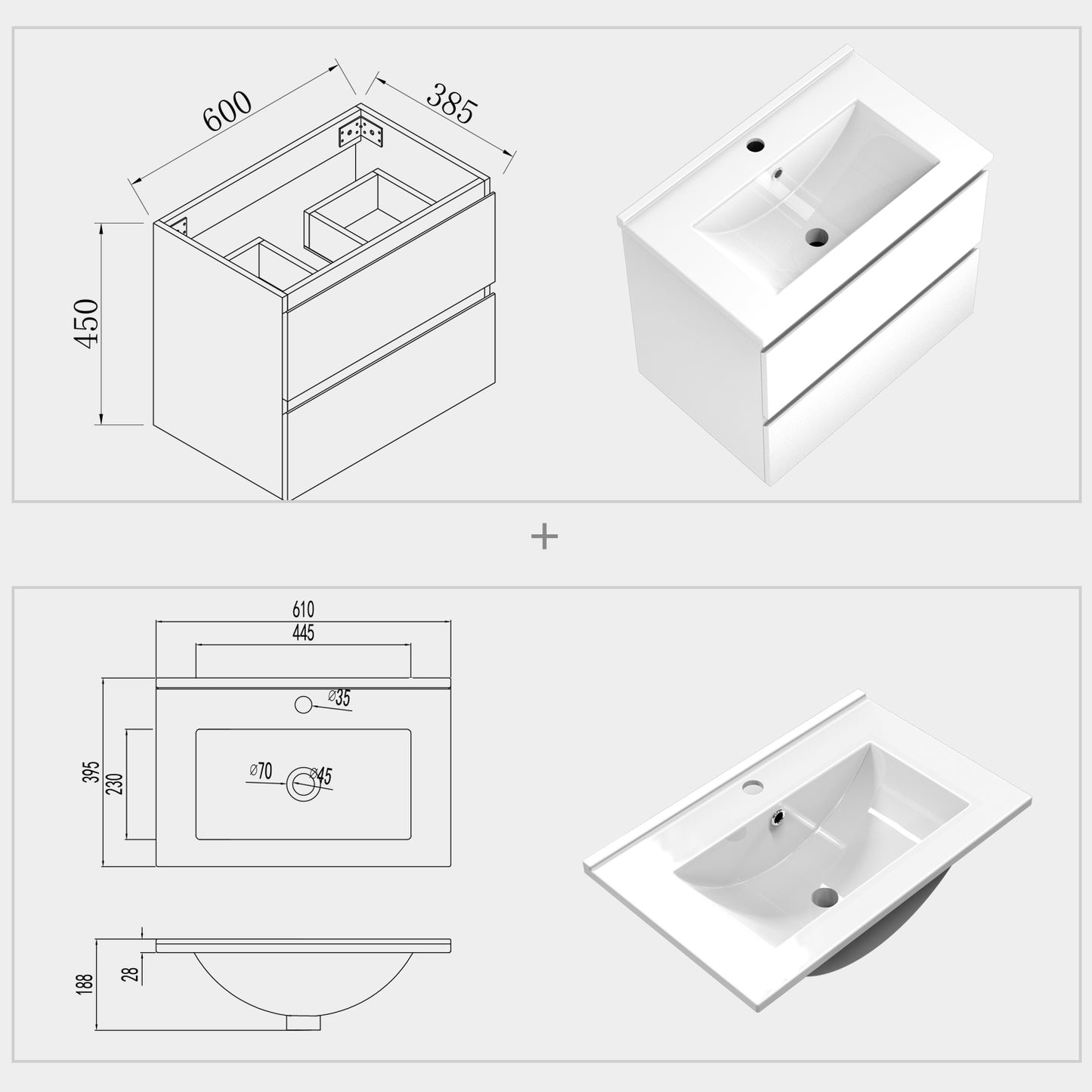 Aica sospeso salvaspazi Mobile Bagno , con lavabo in Ceramica e 2 cassetti 600*385*450mm Bianca