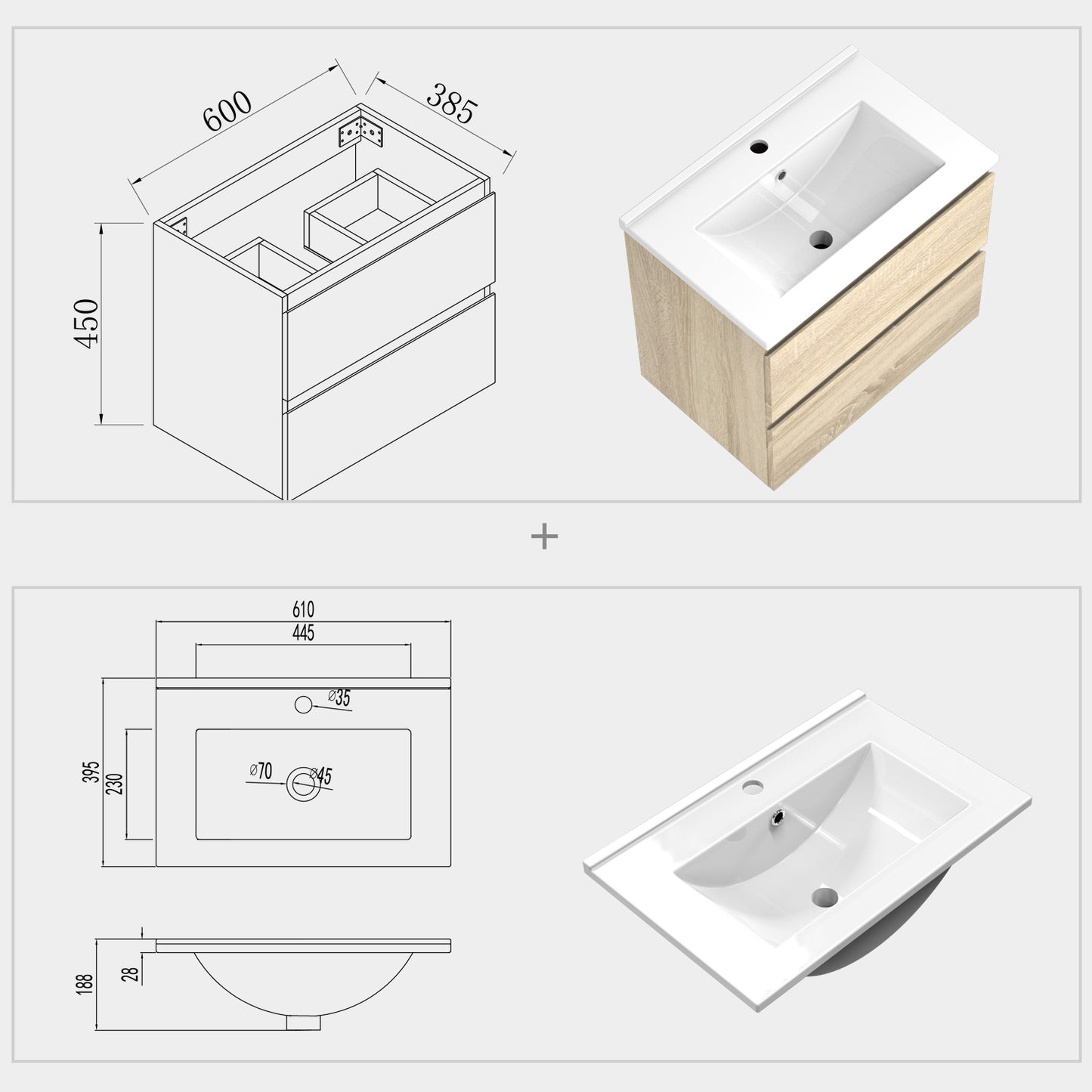 Aica sospeso salvaspazi Mobile Bagno , con lavabo in Ceramica e 2 cassetti 600*385*450mm Noce