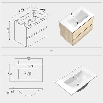 Aica sospeso salvaspazi Mobile Bagno , con lavabo in Ceramica e 2 cassetti 600*385*450mm Noce