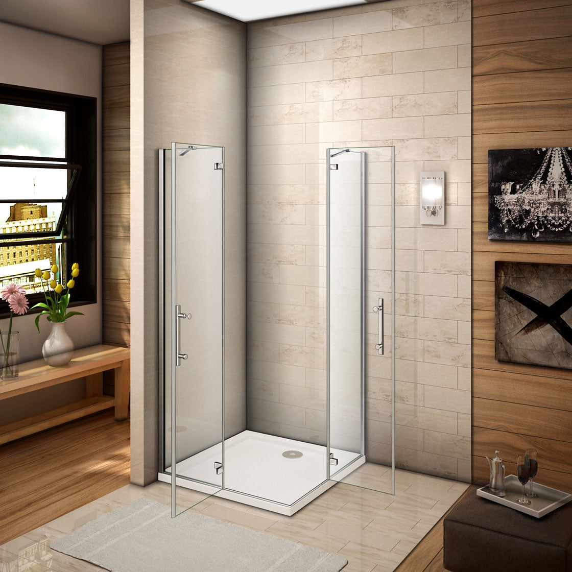 Aica 190 cm Box Doccia Doppia Porta Apertura Battente Con Due Barre Stabilizzatrici Vetro 6 mm Temperato Trasparente Anticalcare