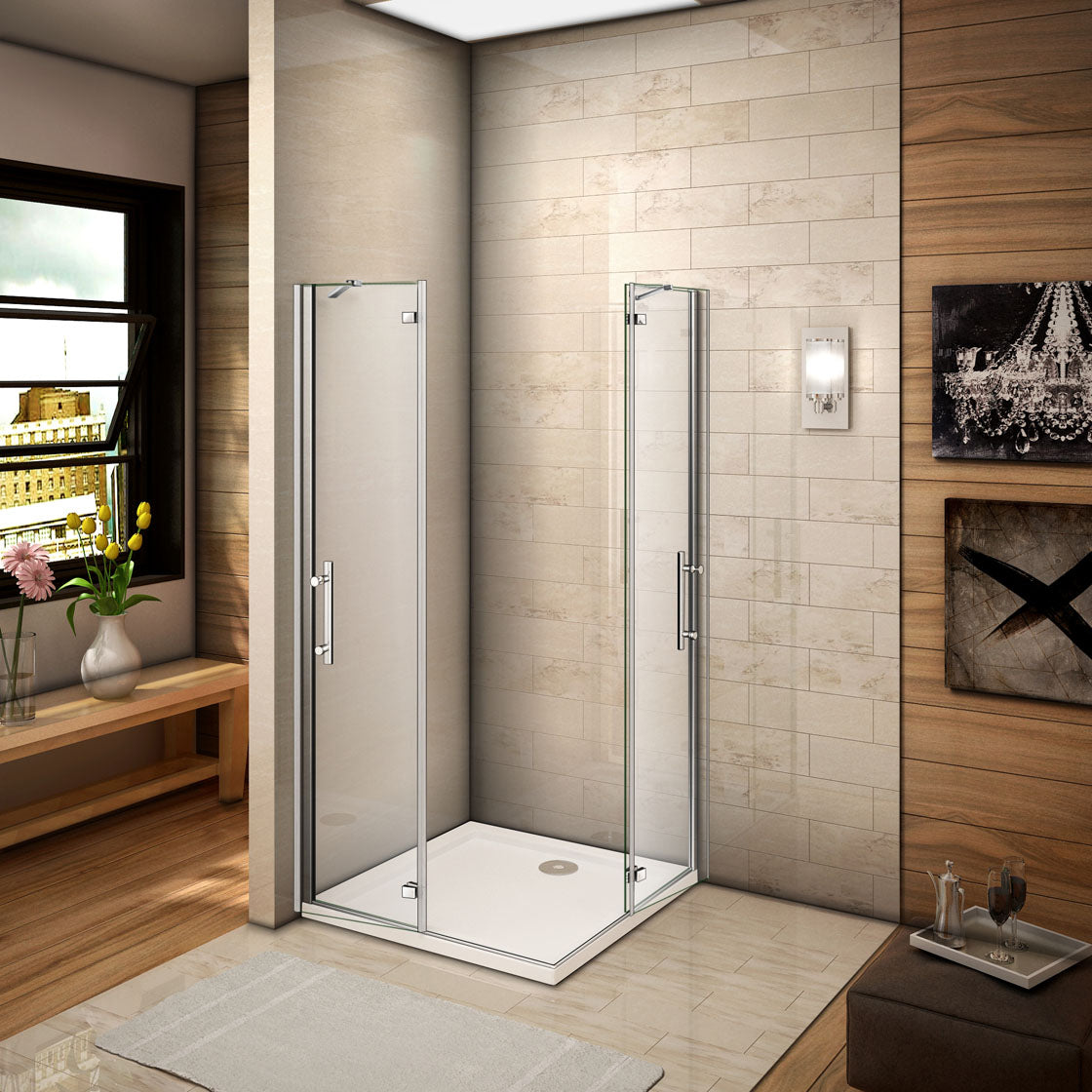 Aica 190 cm Box Doccia Doppia Porta Apertura Battente Con Due Barre Stabilizzatrici Vetro 6 mm Temperato Trasparente Anticalcare