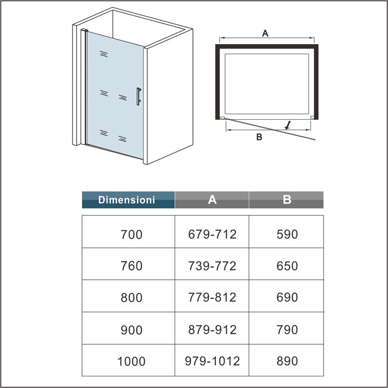 Aica 197cm Box Doccia Per Nicchia Porta Battente Vetro 6 mm Temperato Trasparente Anticalcare Telaio Cromo Lucido
