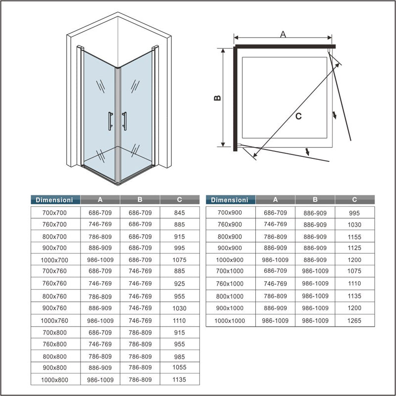 Aica 187cm Box Doccia Angolare Doppia Porta a Battente Rotazione Di 180 Gradi In Vetro Temperato 6mm Anticalcare Trasparente varie dimensioni