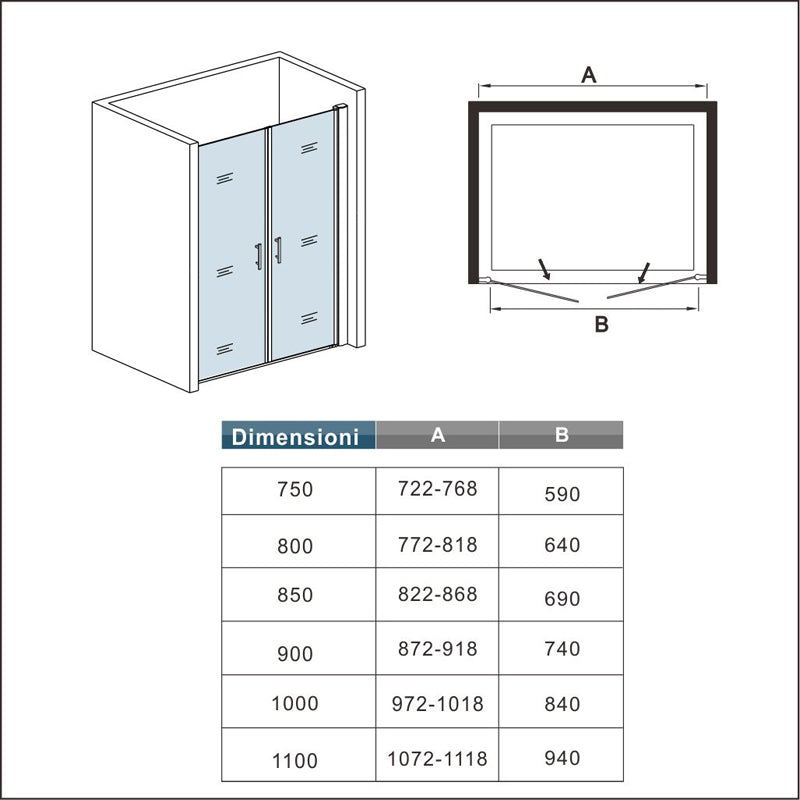Aica 197cm Porta Doccia Per Nicchia Doppie Ante Battenti Saloon In Vetro 6 mm Temperato Trasparente Anticalcare