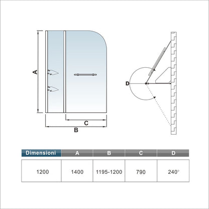 Aica 120x140 cm Sopravasca Parete Per Vasca Girevole 240° Vetro Temperato 6 mm Trasparente Inclusi Due Ripiani Maniglia Portasciugamani