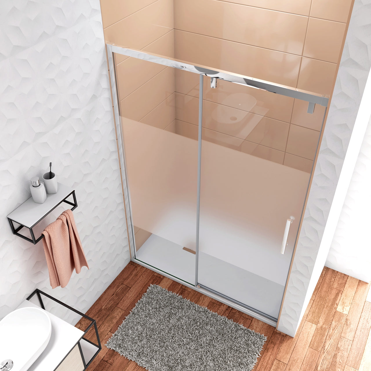 120x190cm Box Doccia per Nicchia Porta Scorrevole in Vetro Temperato 6mm Anticalcare Fascia Satinata Centrale Profilo Cromo Lucido