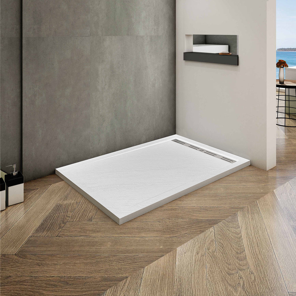 Aica Piatto Doccia Rettangolare In Pietra Vulcanica e Resina Mista Finitura Pietra Bianca Ruvida Ultraslim 3 cm Antiscivolo Antibatterico No