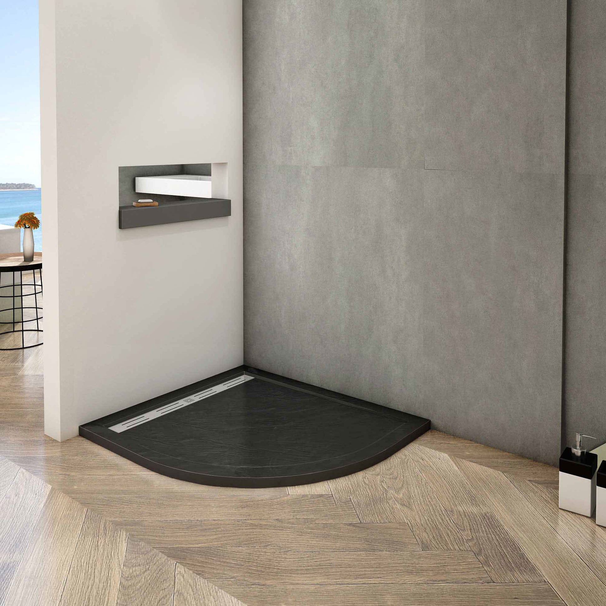 Aica Piatto Doccia Semicircolare in Pietra Vulcanica e Resina Mista Finitura Pietra Nera Ruvida Ultraslim 3 cm Antiscivolo