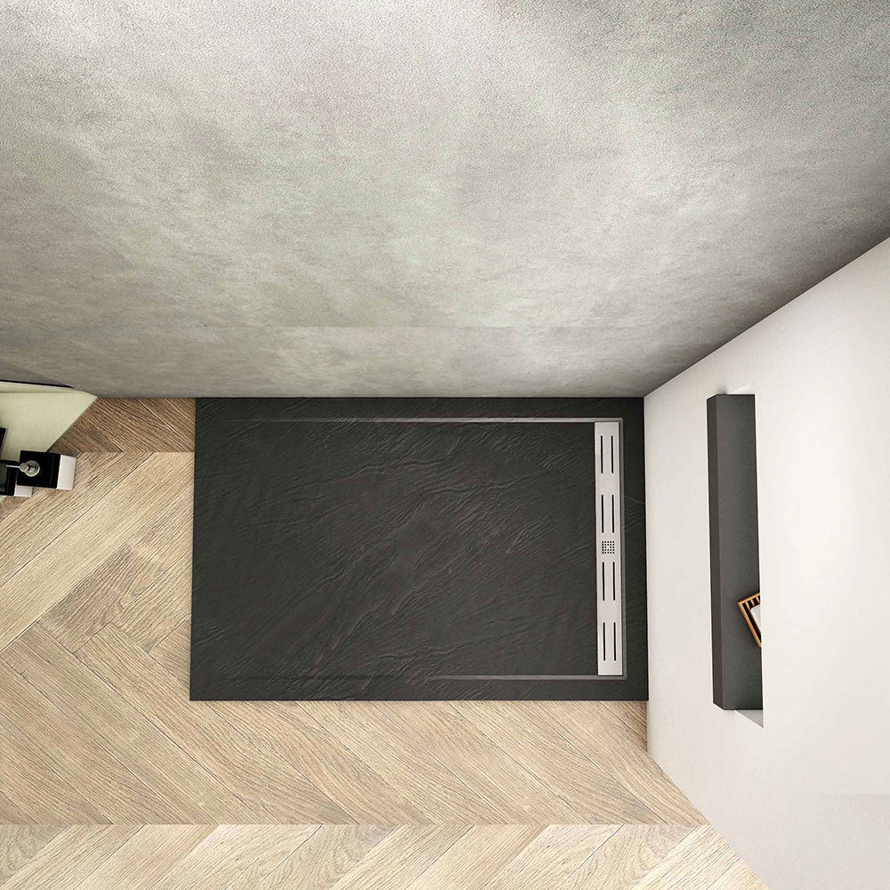 Aica Piatto Doccia Rettangolare/Quadrato In Pietra Vulcanica e Resina Mista Finitura Pietra Nera Ruvida Ultraslim Antiscivolo Antibatterico No