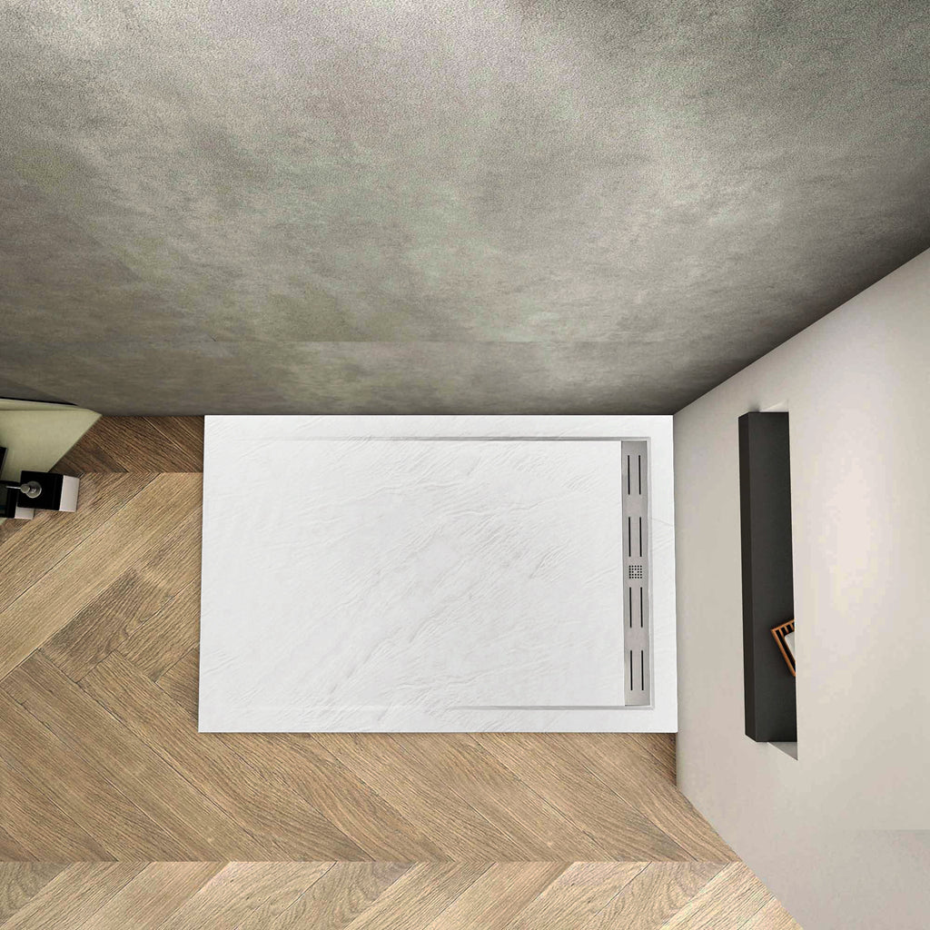 Aica Piatto Doccia Rettangolare In Pietra Vulcanica e Resina Mista Finitura Pietra Bianca Ruvida Ultraslim 3 cm Antiscivolo Antibatterico