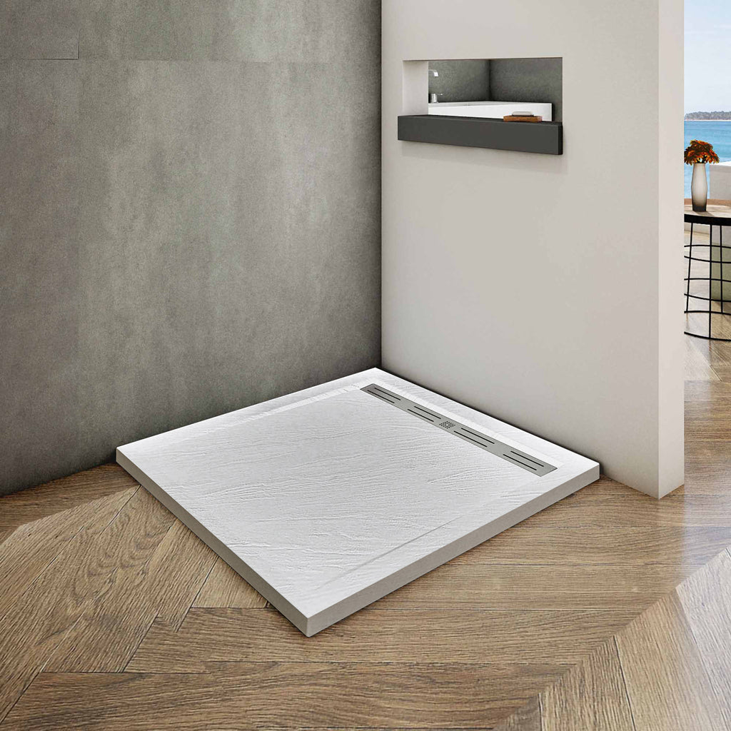 Aica Piatto Doccia Rettangolare In Pietra Vulcanica e Resina Mista Finitura Pietra Bianca Ruvida Ultraslim 3 cm Antiscivolo Antibatterico 80x80x3 No