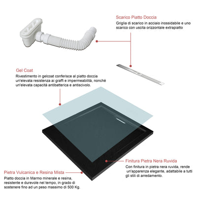 Aica Piatto Doccia Rettangolare/Quadrato In Pietra Vulcanica e Resina Mista Finitura Pietra Nera Ruvida Ultraslim Antiscivolo Antibatterico