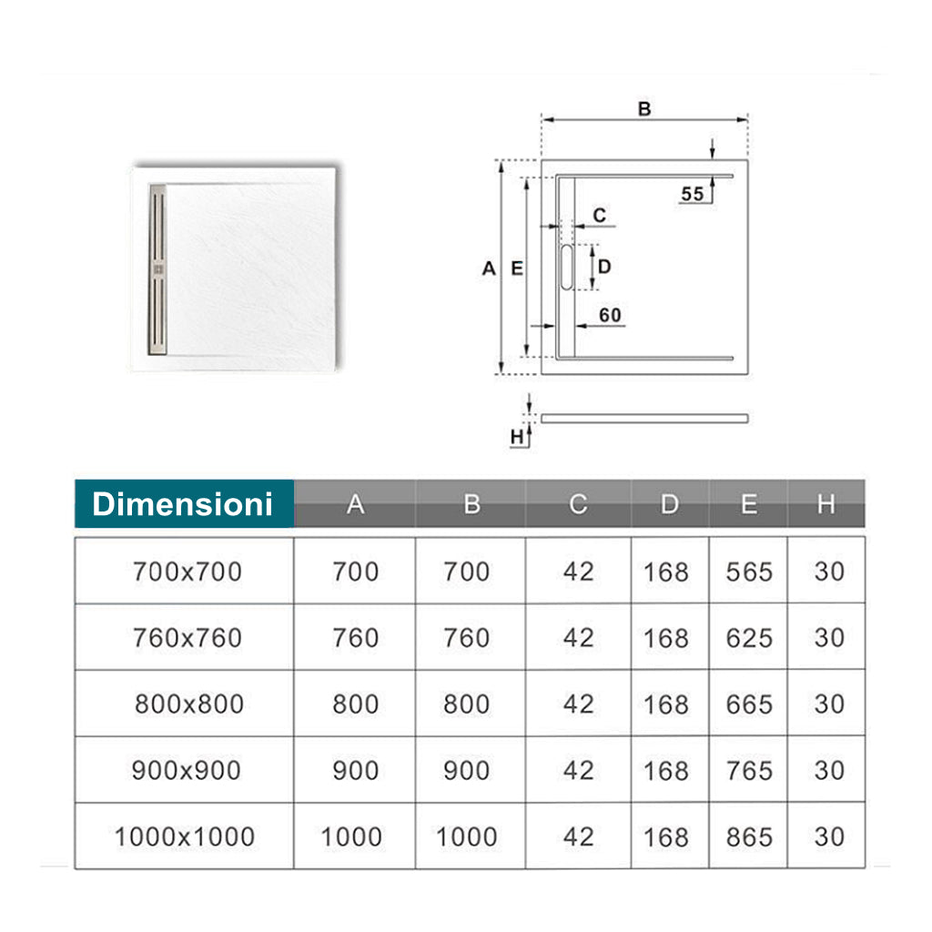 Aica Piatto Doccia Rettangolare In Pietra Vulcanica e Resina Mista Finitura Pietra Bianca Ruvida Ultraslim 3 cm Antiscivolo Antibatterico