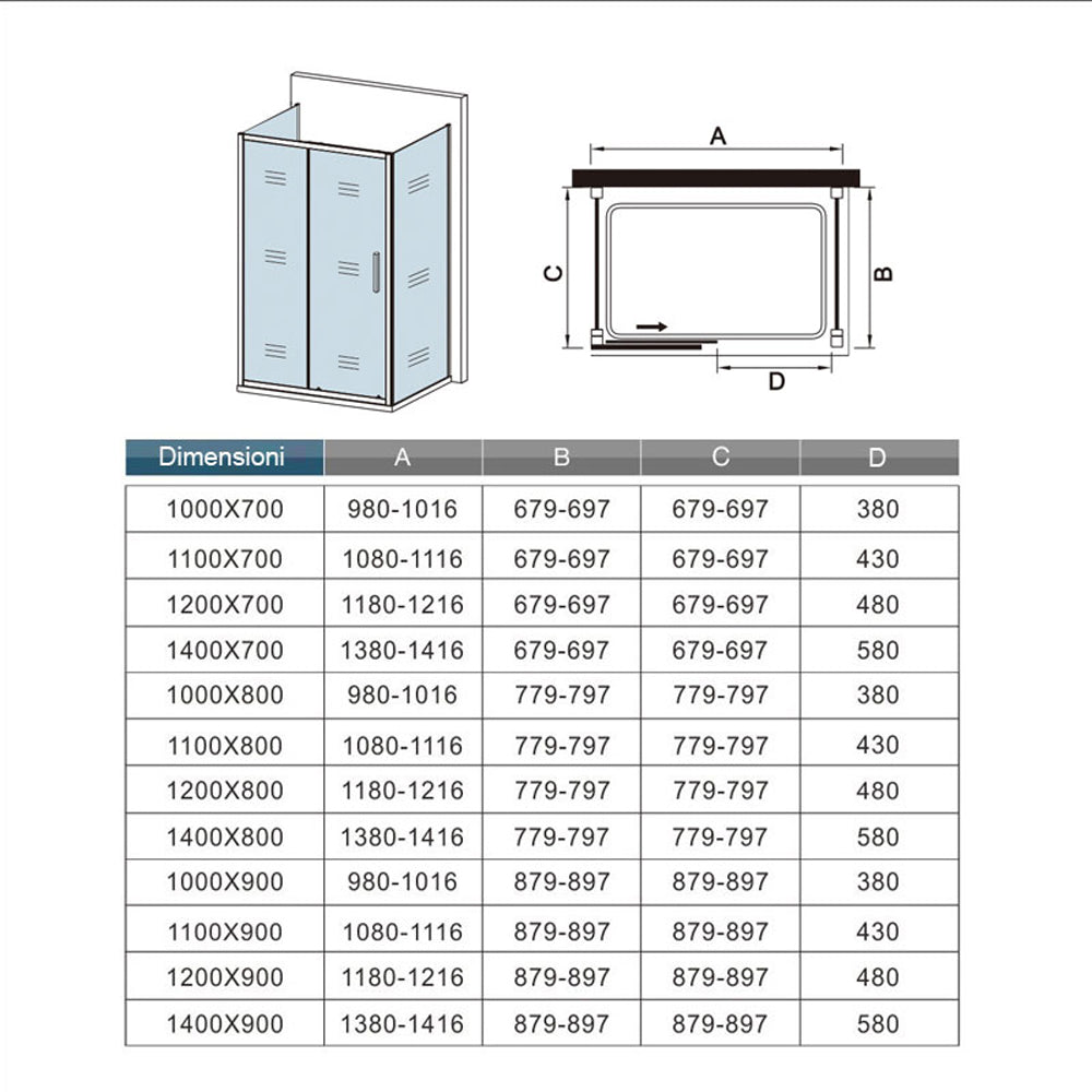 Box Doccia A 3 Lati, Porta Scorrevole 110 / 120cm, 2 Pareti Laterali 70 / 80 / 90cmcad