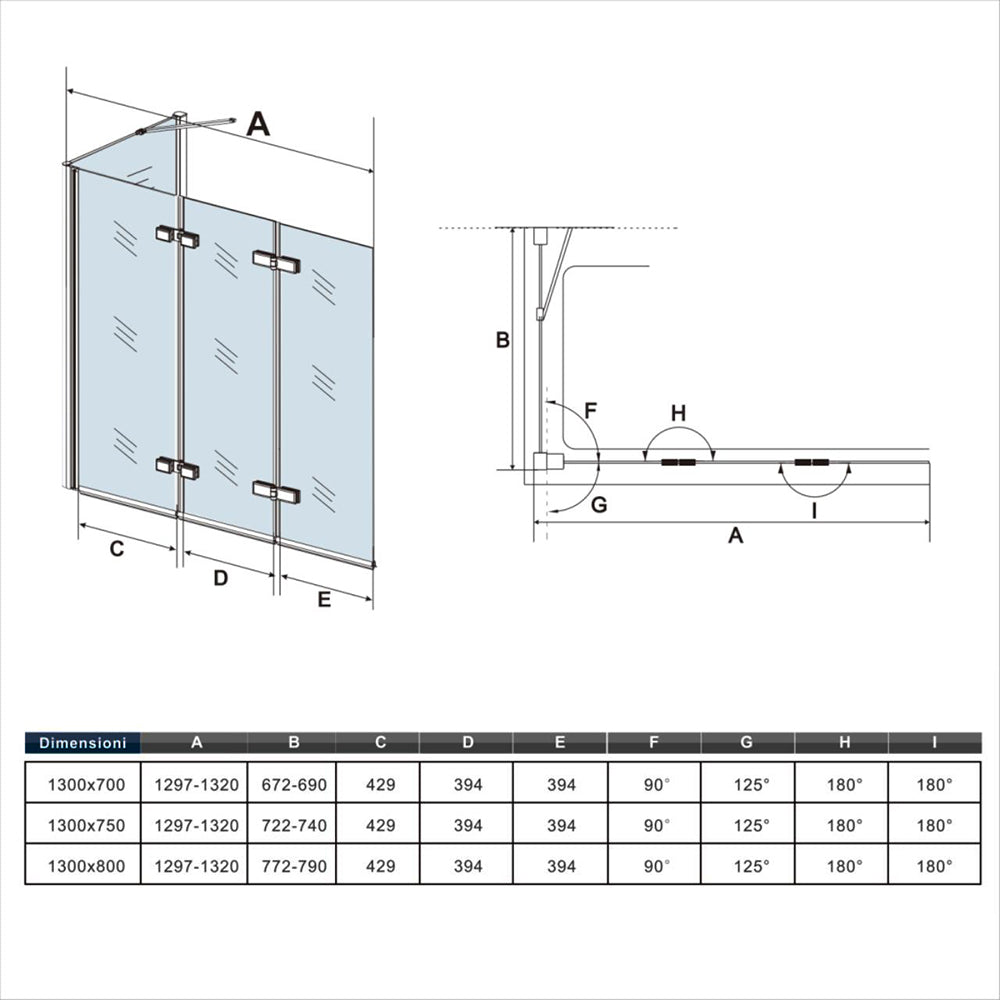 130x140cm Parete Doccia Sopravasca Angolare 3 Ante Pieghevoli con Parete Laterale Vetro Temperato 6mm Trasparente Anticalcare Cromato Lucido