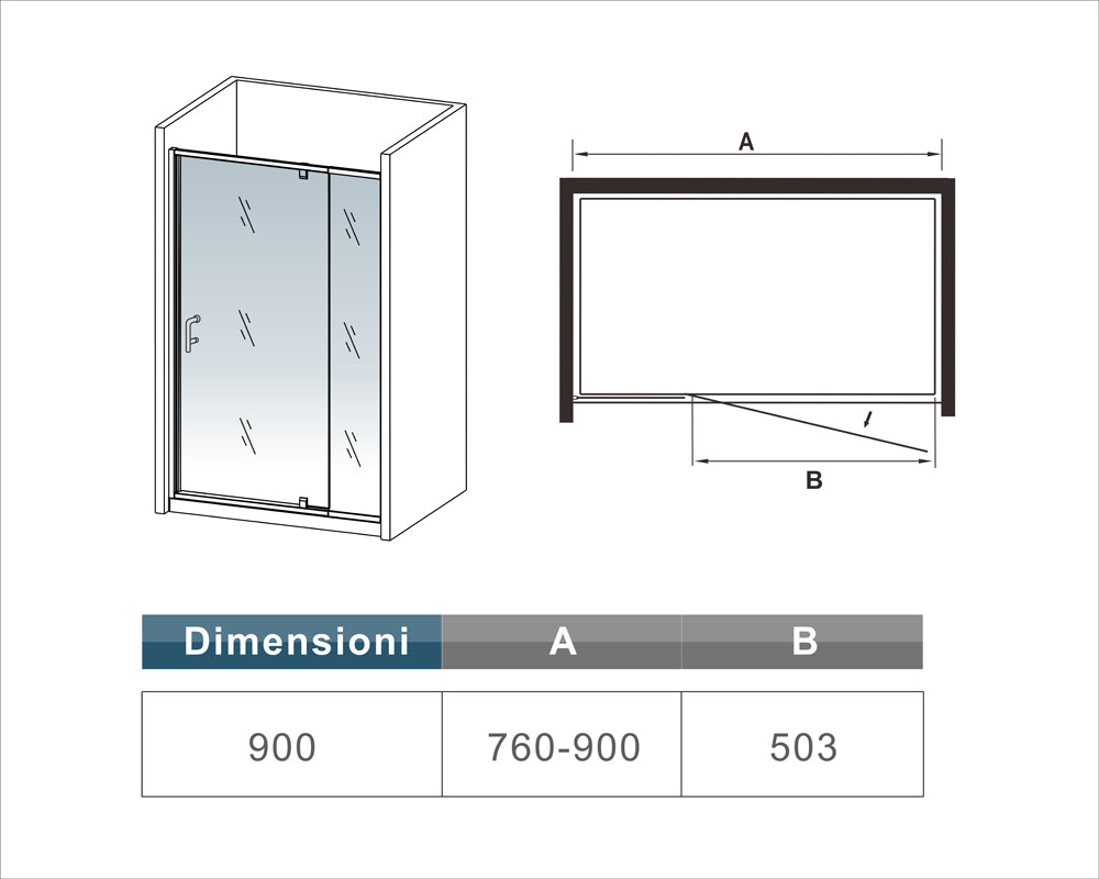 Aica 90x185 cm Porta Doccia Battente Per Nicchia Apertura Pivotante In Vetro 6 mm Temperato Trasparente Telai Con Processo Di Elettroforesi