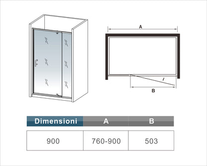 Aica 90x185 cm Porta Doccia Battente Per Nicchia Apertura Pivotante In Vetro 6 mm Temperato Trasparente Telai Con Processo Di Elettroforesi