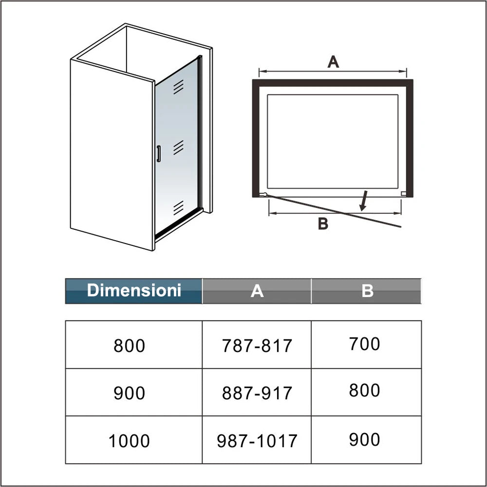 Aica 200 cm Box Doccia Per Nicchia Porta Battente Vetro Temperato Trasparente Anticalcare 8 mm Telaio Nero Opaco Doccia a Filo Pavimento