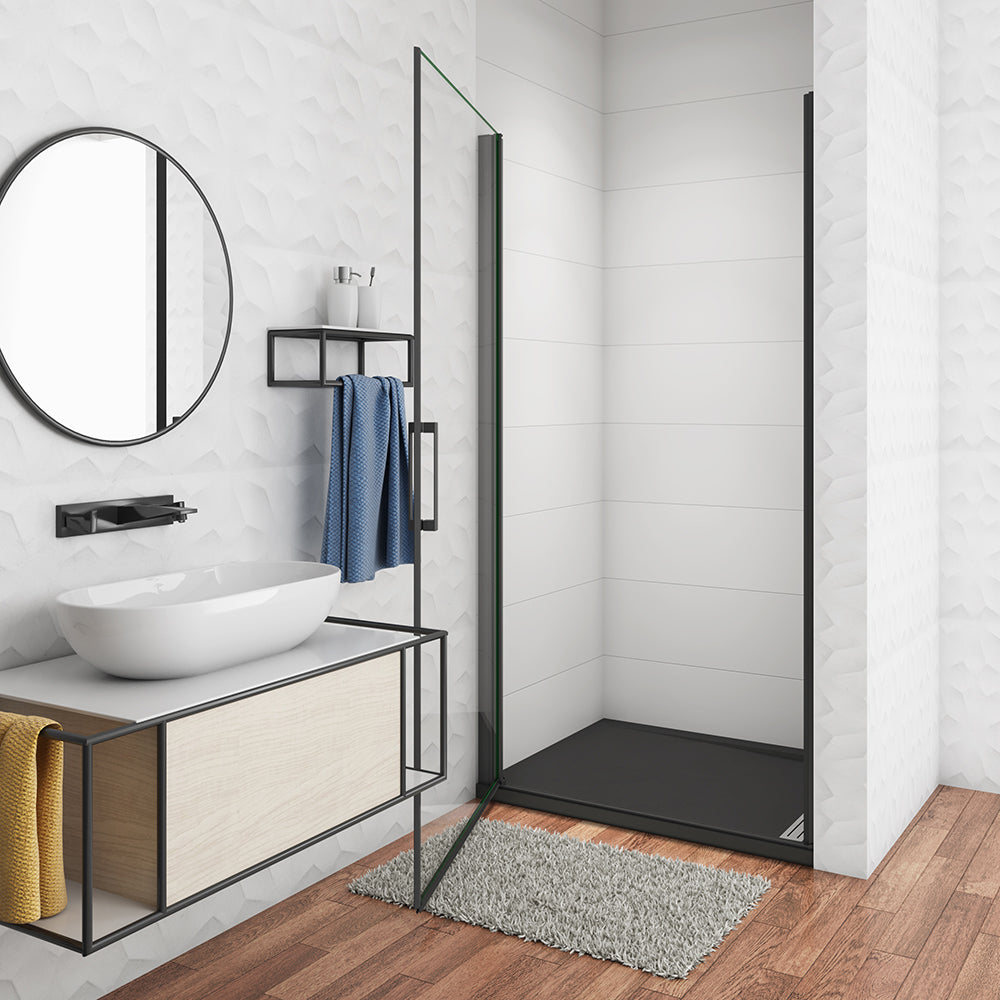 Aica 200 cm Box Doccia Per Nicchia Porta Battente Vetro Temperato Trasparente Anticalcare 8 mm Telaio Nero Opaco Doccia a Filo Pavimento