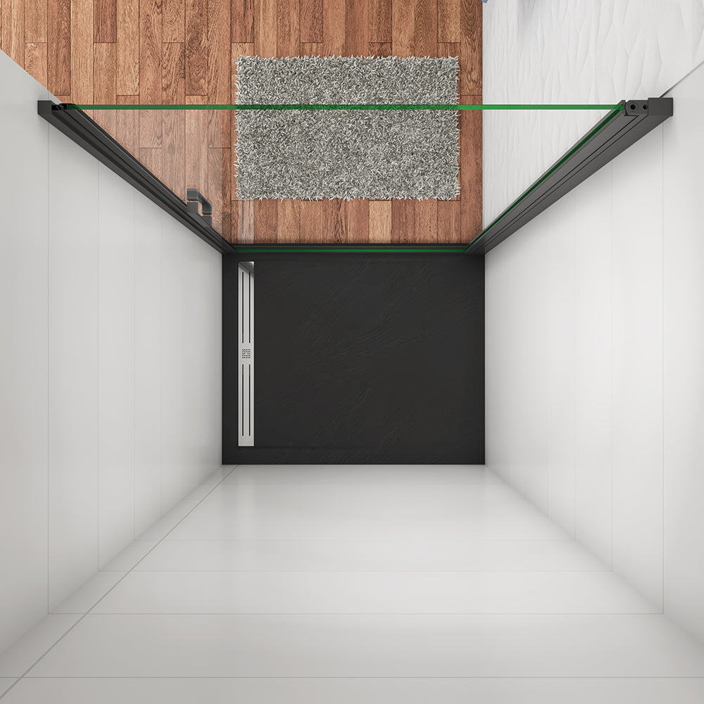 Aica 200 cm Box Doccia Per Nicchia Porta Battente Vetro Temperato Trasparente Anticalcare 8 mm Telaio Nero Opaco Doccia a Filo Pavimento