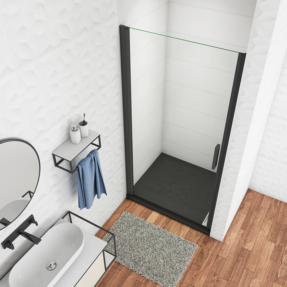 Aica 200 cm Box Doccia Per Nicchia Porta Battente Vetro Temperato Trasparente Anticalcare 8 mm Telaio Nero Opaco Doccia a Filo Pavimento