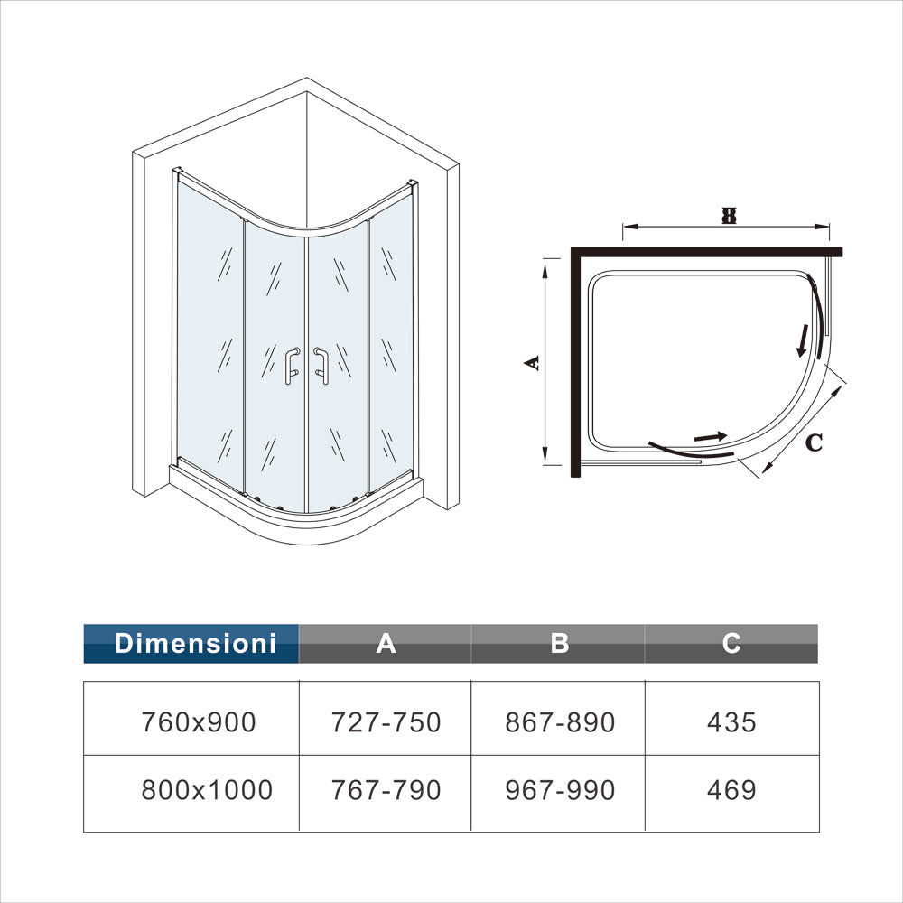 Aica 80X100cm Box Doccia Semicircolare Scorrevole In Alluminio Elettroforesi Vetro Temperato Trasparente R