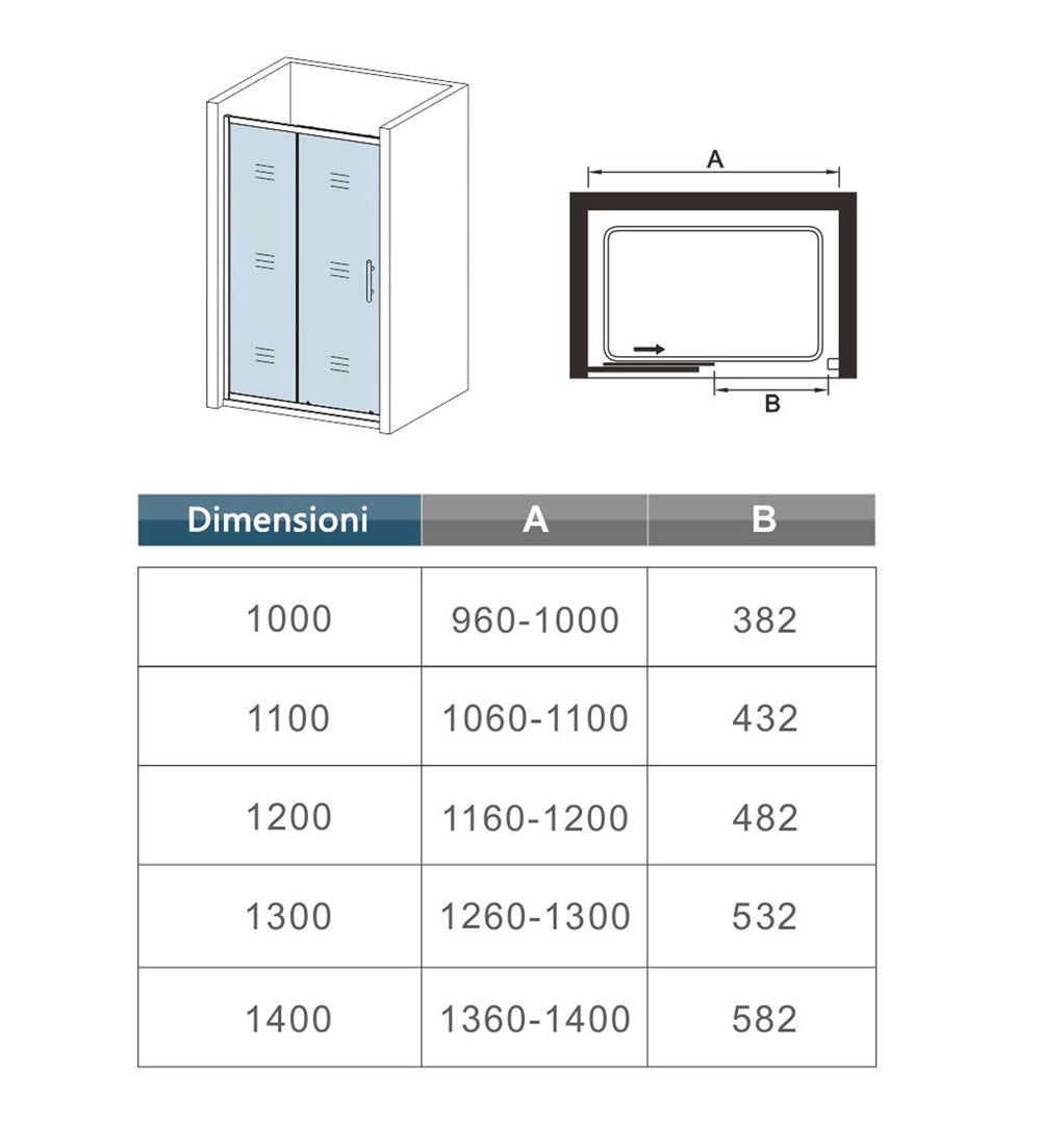 Aica 190 cm Porta Doccia Per Nicchia Anta Scorrevole Ingresso Laterale In Vetro 5mm Temperato Trasparente