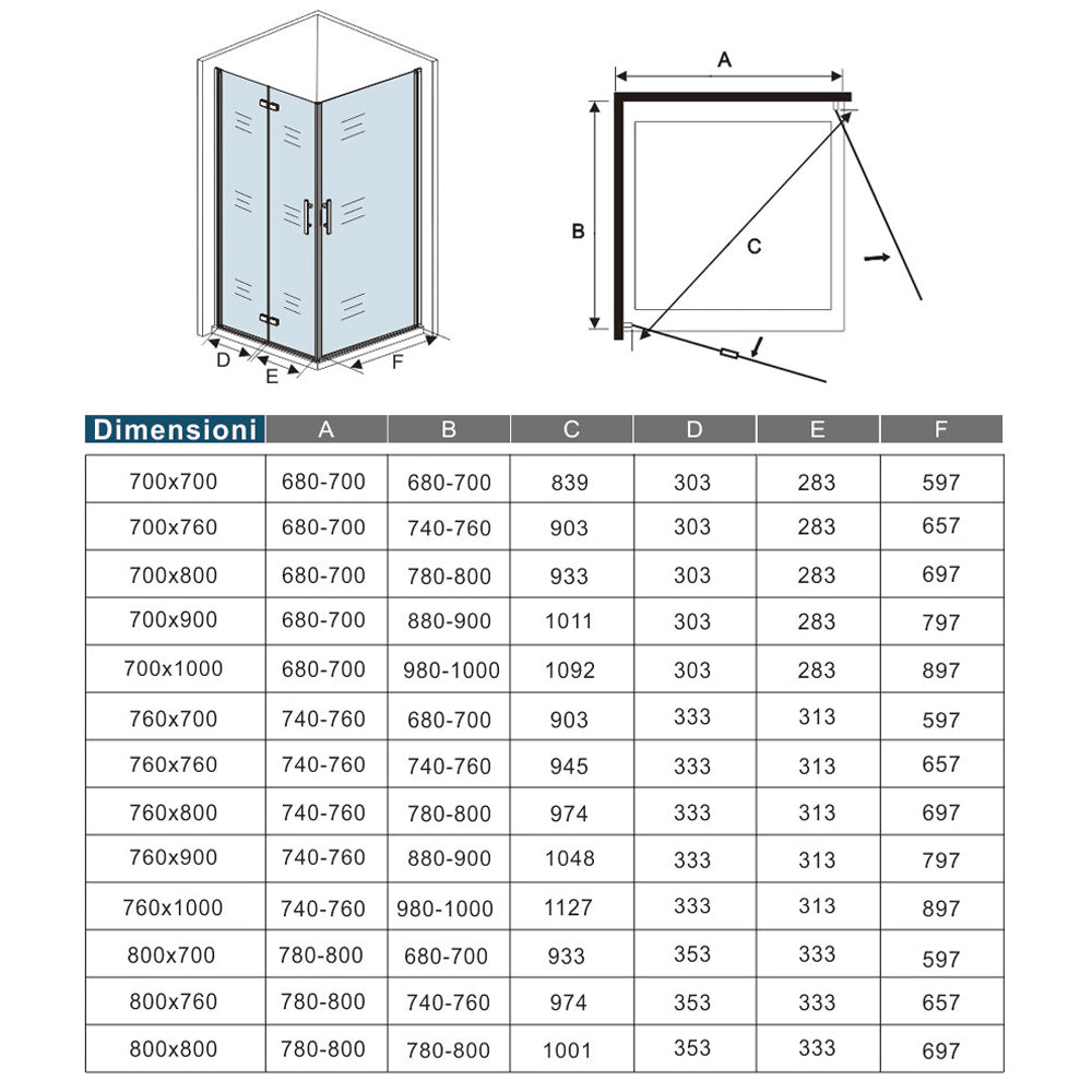 Aica 185/195 cm Box Doccia Angolare Porta Pieghevole più Porta Battente in Vetro 6mm Temperato Anticalcare Trasparente Telaio Cromo Lucido