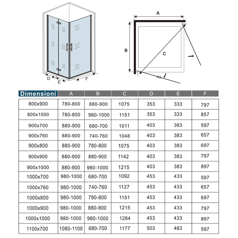 Aica 185/195 cm Box Doccia Angolare Porta Pieghevole più Porta Battente in Vetro 6mm Temperato Anticalcare Trasparente Telaio Cromo Lucido