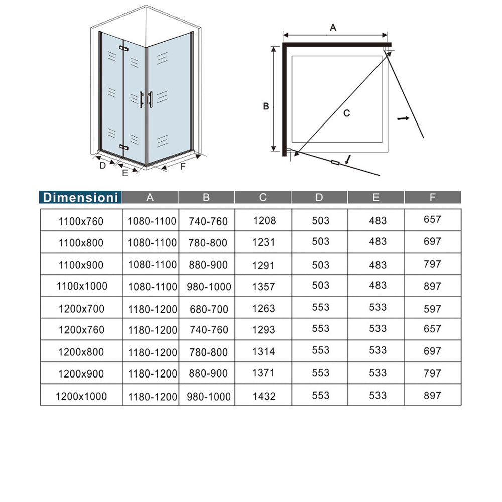 Aica 185/195 cm Box Doccia Angolare Porta Pieghevole più Porta Battente in Vetro 6mm Temperato Anticalcare Trasparente Telaio Cromo Lucido