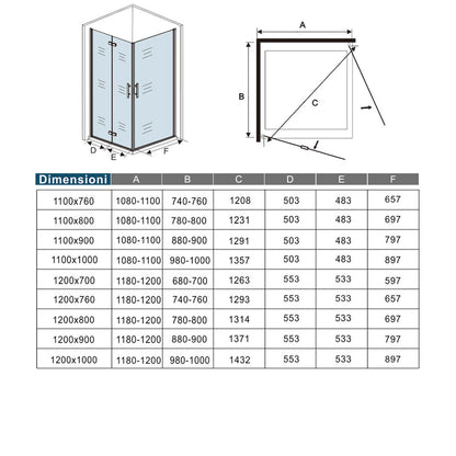 Aica 185/195 cm Box Doccia Angolare Porta Pieghevole pi Porta Battente in Vetro 6mm Temperato Anticalcare Trasparente Telaio Cromo Lucido