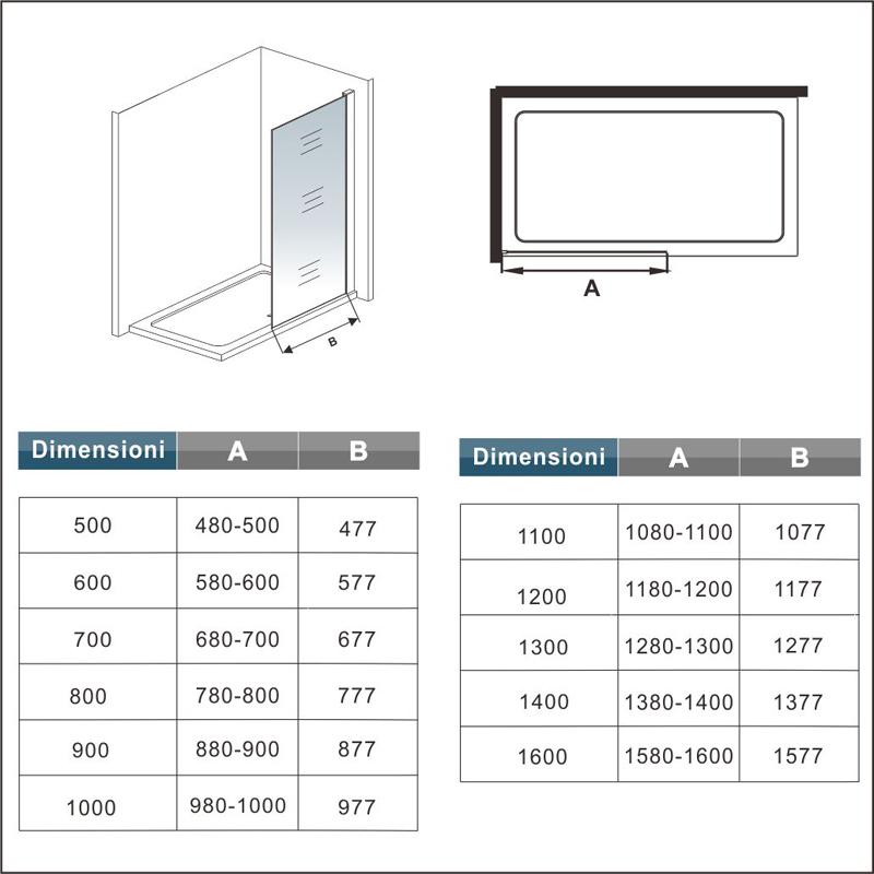 Aica Parete Fissa Doccia Walk In 40-120x200cm in Vetro 8 mm Temperato Trasparente Anticalcare Con Barra Stabilizzatrice Profilo Nero Opaco