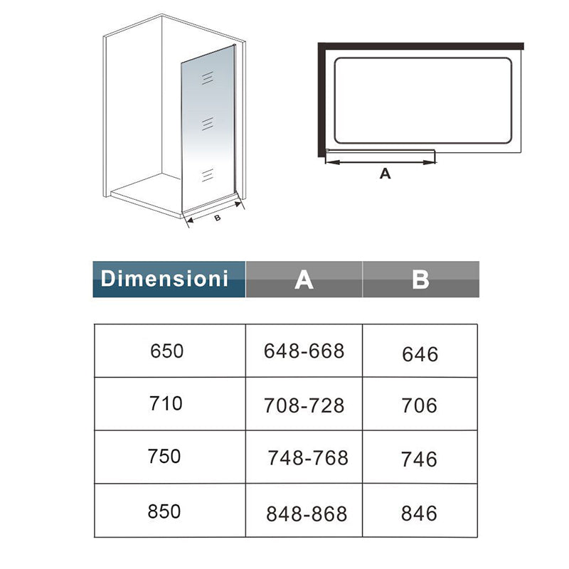 Aica Box Doccia Parete Doccia Walk In Alta 195cm Vetro Temperato Trasparente Anticalcare 6mm Easyclean Con Barra Stabilizzatrice