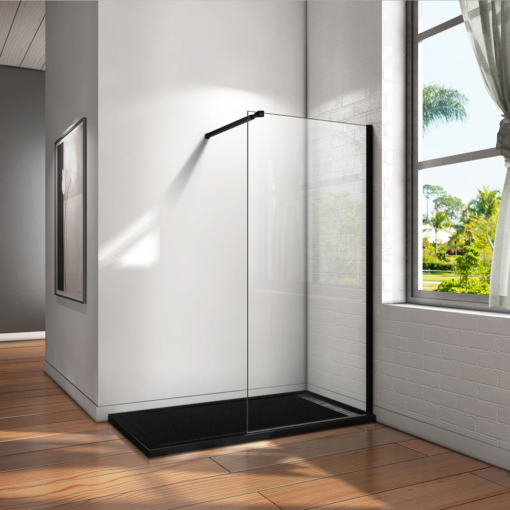 Aica Parete Per Doccia Walk-In Vetro Temperato Trasparente Anticalcare 8 mm Alta 200cm Con Barra Stabilizzatrice Nero Opaco Regolabile