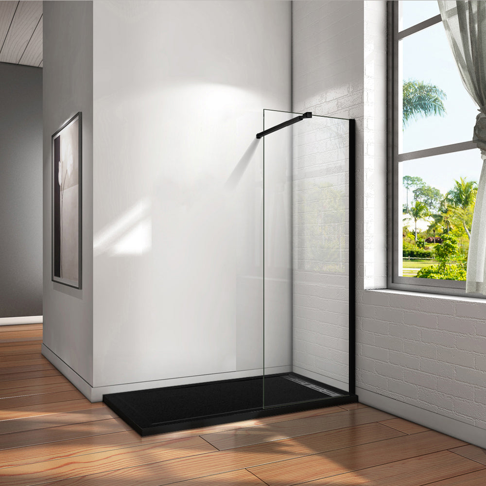 Aica Parete Per Doccia Walk-In Vetro Temperato Trasparente Anticalcare 8 mm Alta 200cm Con Barra Stabilizzatrice Nero Opaco Regolabile