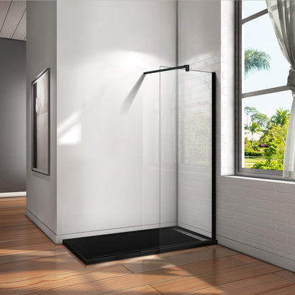 Aica Parete Per Doccia Walk-In Vetro Trasparente 8mm Larga 50-140cm Alta 200cm Con Barra Stabilizzatrice Da 90cm Nero Opaco